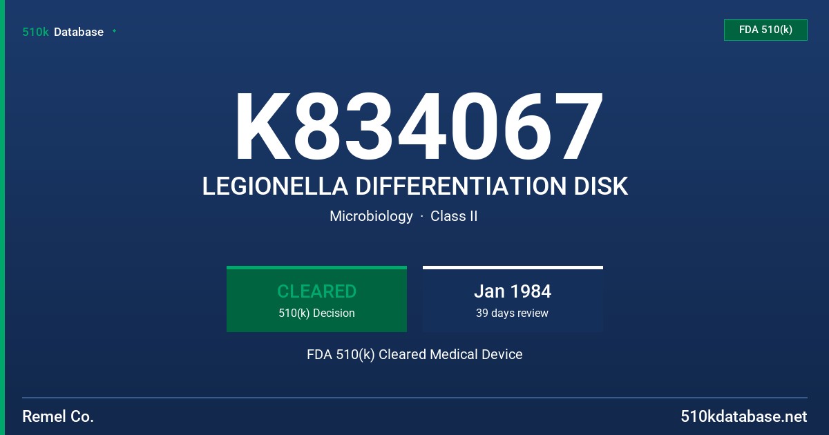 K834067 LEGIONELLA DIFFERENTIATION DISK FDA 510(k) Cleared Medical Device