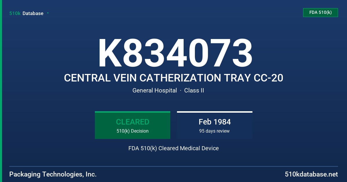 K834073 CENTRAL VEIN CATHERIZATION TRAY CC-20 FDA 510(k) Cleared Medical Device
