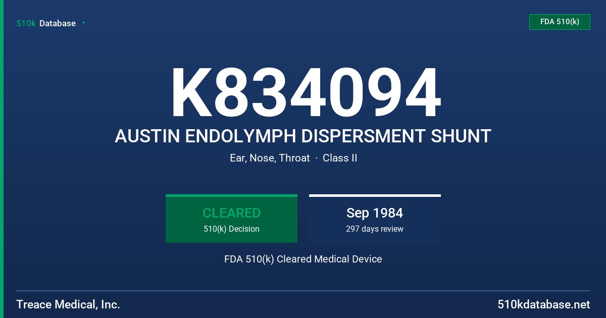 K834094 AUSTIN ENDOLYMPH DISPERSMENT SHUNT FDA 510(k) Cleared Medical Device