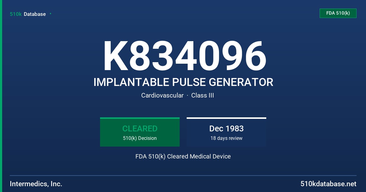 K834096 IMPLANTABLE PULSE GENERATOR FDA 510(k) Cleared Medical Device