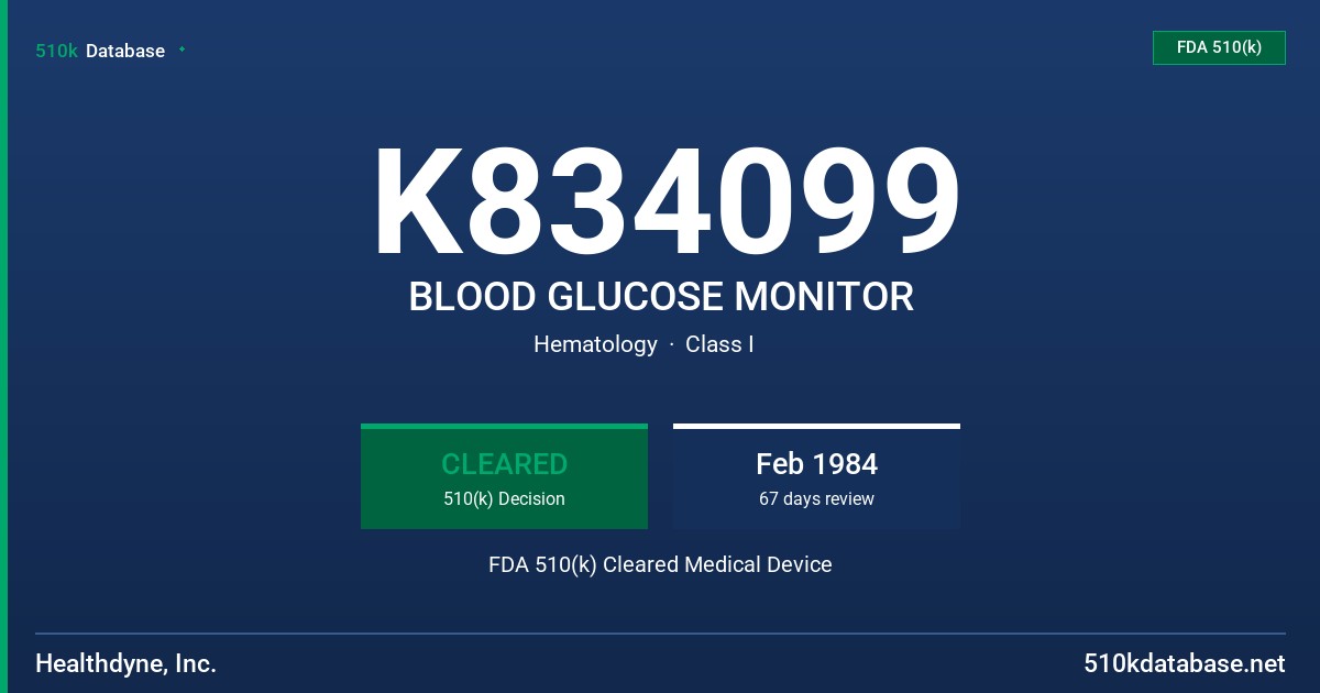 K834099 BLOOD GLUCOSE MONITOR FDA 510(k) Cleared Medical Device