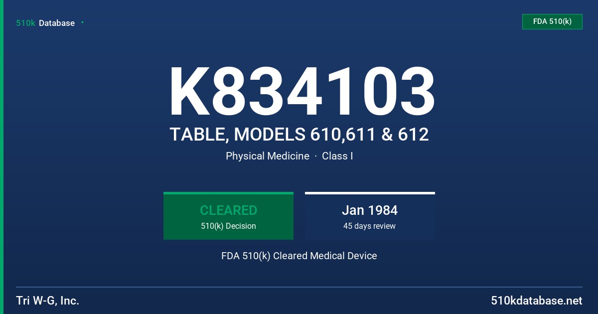 K834103 TABLE, MODELS 610,611 & 612 FDA 510(k) Cleared Medical Device