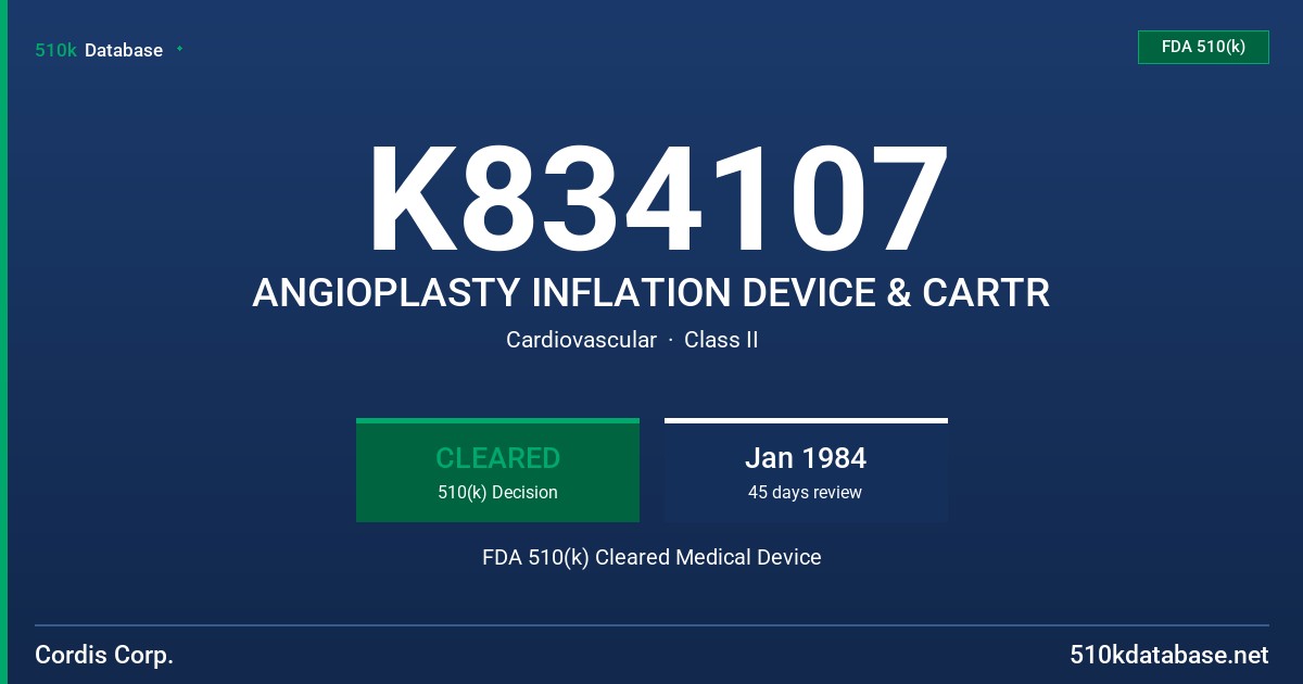 K834107 ANGIOPLASTY INFLATION DEVICE & CARTR FDA 510(k) Cleared Medical Device