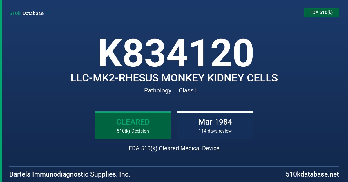 K834120 LLC-MK2-RHESUS MONKEY KIDNEY CELLS FDA 510(k) Cleared Medical Device
