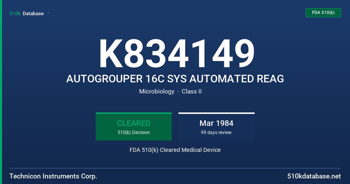 K834149 AUTOGROUPER 16C SYS AUTOMATED REAG FDA 510(k) Cleared Medical Device