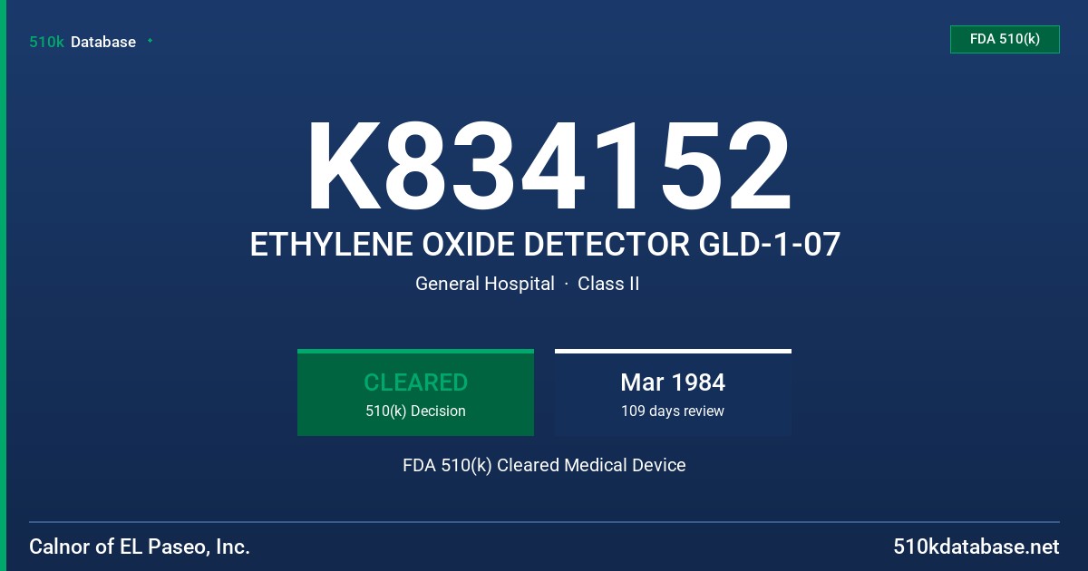 K834152 ETHYLENE OXIDE DETECTOR GLD-1-07 FDA 510(k) Cleared Medical Device