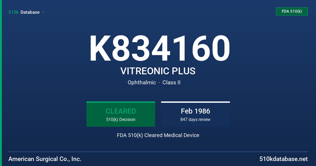 K834160 VITREONIC PLUS FDA 510(k) Cleared Medical Device