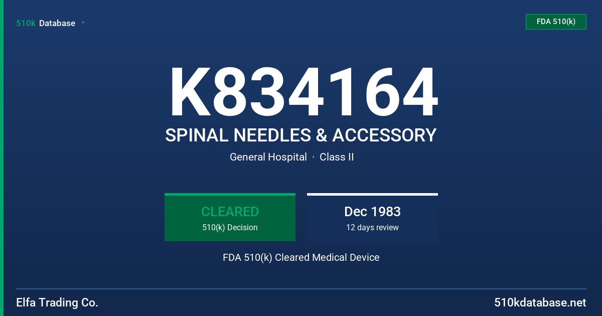 K834164 SPINAL NEEDLES & ACCESSORY FDA 510(k) Cleared Medical Device