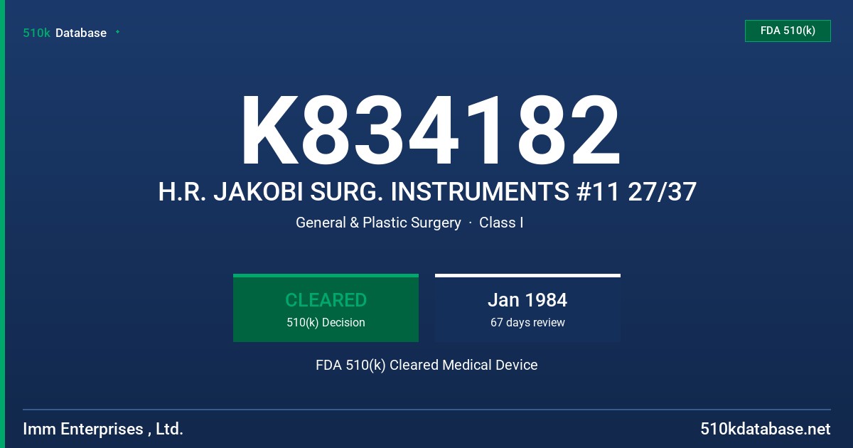 K834182 H.R. JAKOBI SURG. INSTRUMENTS #11 27/37 FDA 510(k) Cleared Medical Device