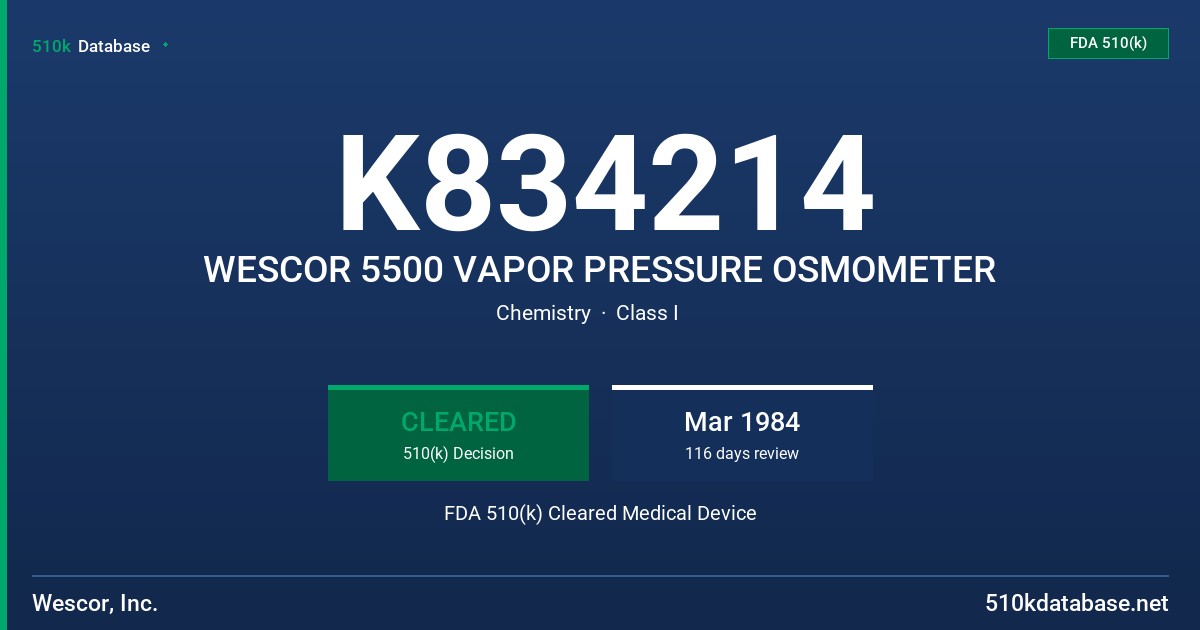 K834214 WESCOR 5500 VAPOR PRESSURE OSMOMETER FDA 510(k) Cleared Medical Device
