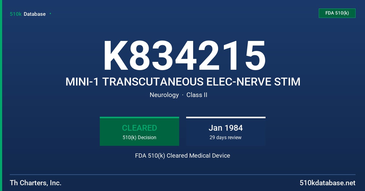 K834215 MINI-1 TRANSCUTANEOUS ELEC-NERVE STIM FDA 510(k) Cleared Medical Device