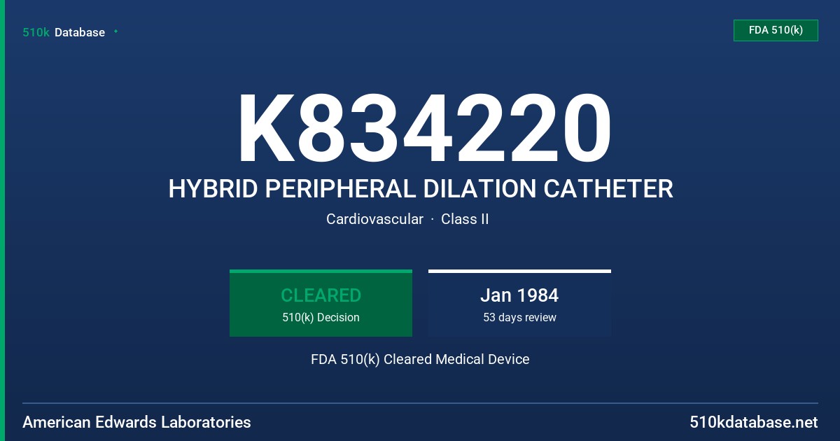 K834220 HYBRID PERIPHERAL DILATION CATHETER FDA 510(k) Cleared Medical Device