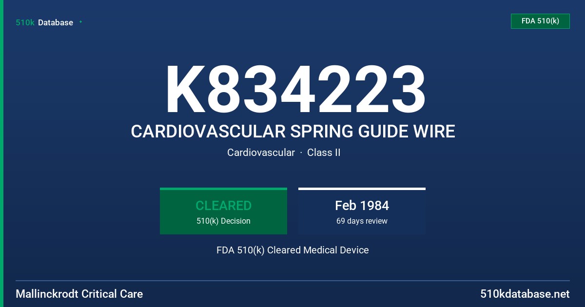 K834223 CARDIOVASCULAR SPRING GUIDE WIRE FDA 510(k) Cleared Medical Device