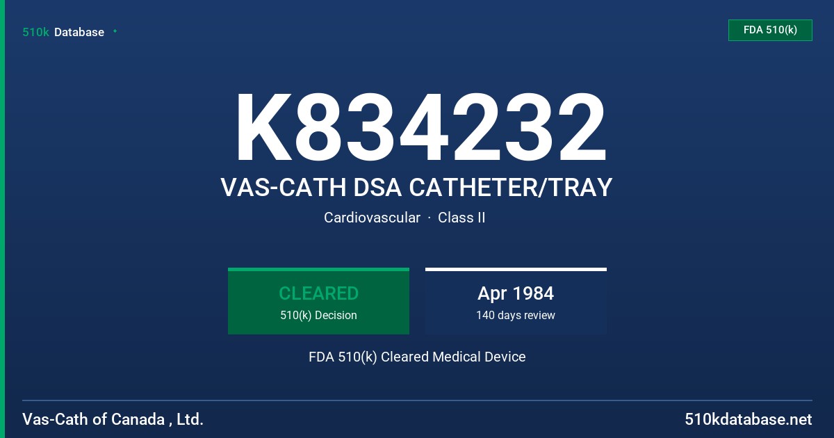 K834232 VAS-CATH DSA CATHETER/TRAY FDA 510(k) Cleared Medical Device