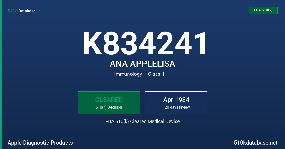 K834241 ANA APPLELISA FDA 510(k) Cleared Medical Device