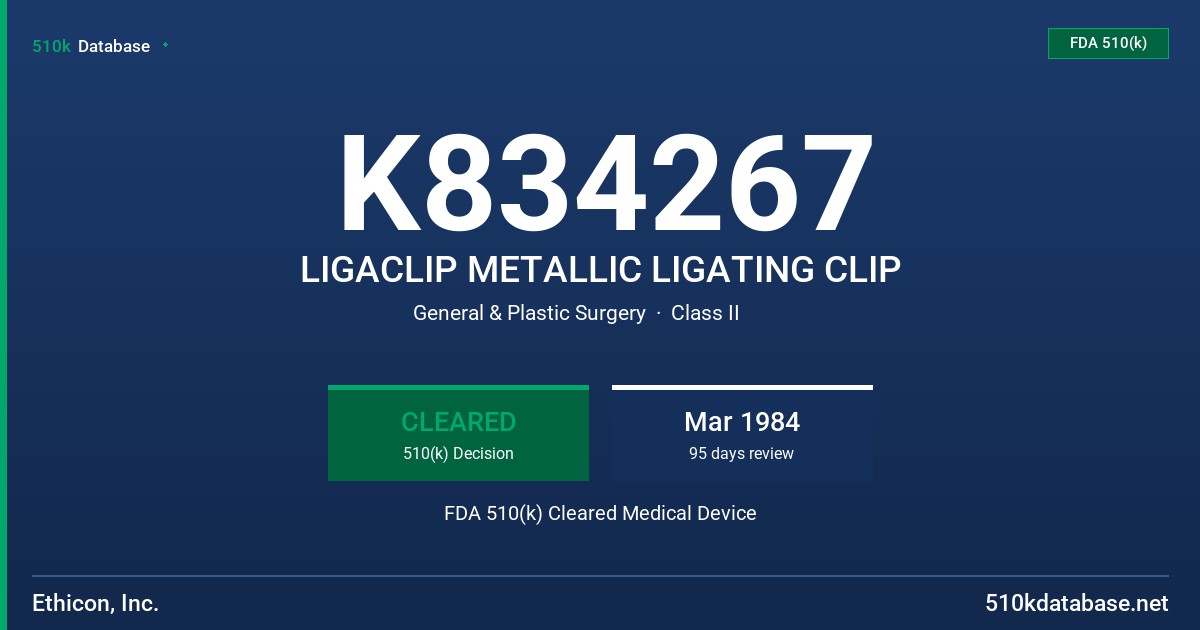 K834267 LIGACLIP METALLIC LIGATING CLIP FDA 510(k) Cleared Medical Device