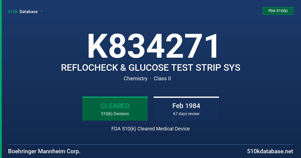 K834271 REFLOCHECK & GLUCOSE TEST STRIP SYS FDA 510(k) Cleared Medical Device