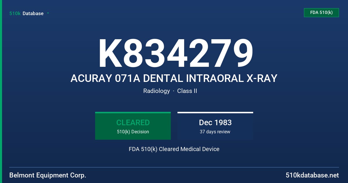 K834279 ACURAY 071A DENTAL INTRAORAL X-RAY FDA 510(k) Cleared Medical Device