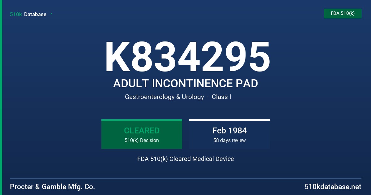 K834295 ADULT INCONTINENCE PAD FDA 510(k) Cleared Medical Device