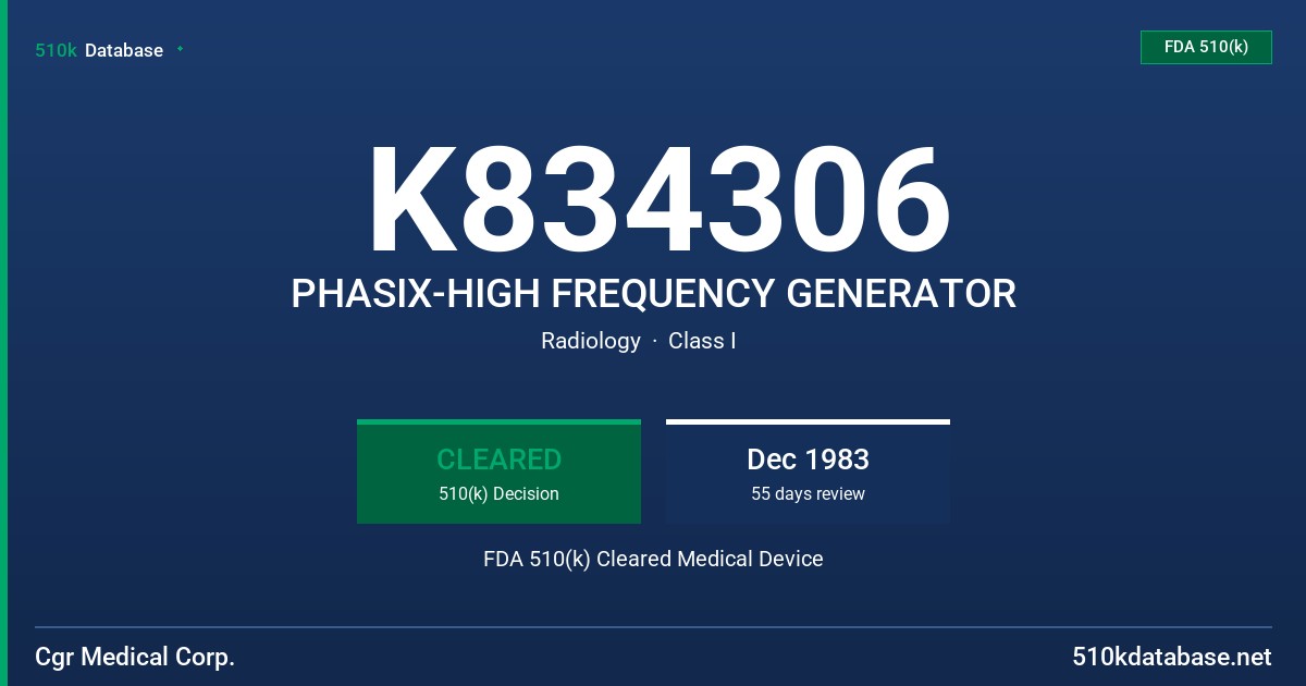K834306 PHASIX-HIGH FREQUENCY GENERATOR FDA 510(k) Cleared Medical Device
