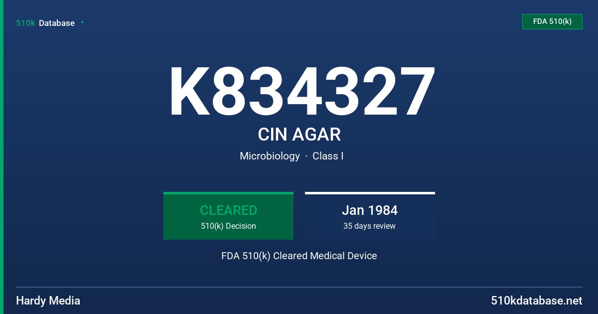 K834327 CIN AGAR FDA 510(k) Cleared Medical Device
