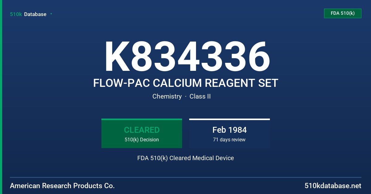 K834336 FLOW-PAC CALCIUM REAGENT SET FDA 510(k) Cleared Medical Device