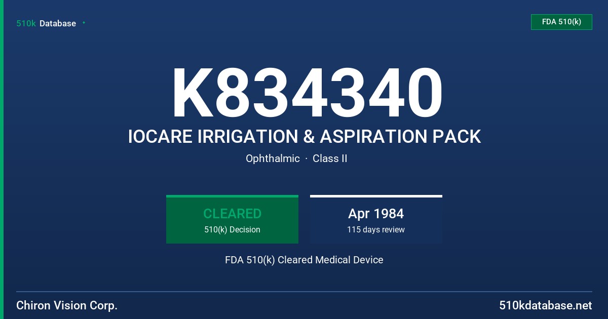 K834340 IOCARE IRRIGATION & ASPIRATION PACK FDA 510(k) Cleared Medical Device