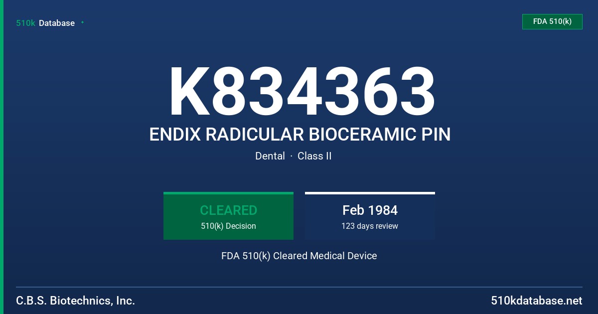 K834363 ENDIX RADICULAR BIOCERAMIC PIN FDA 510(k) Cleared Medical Device