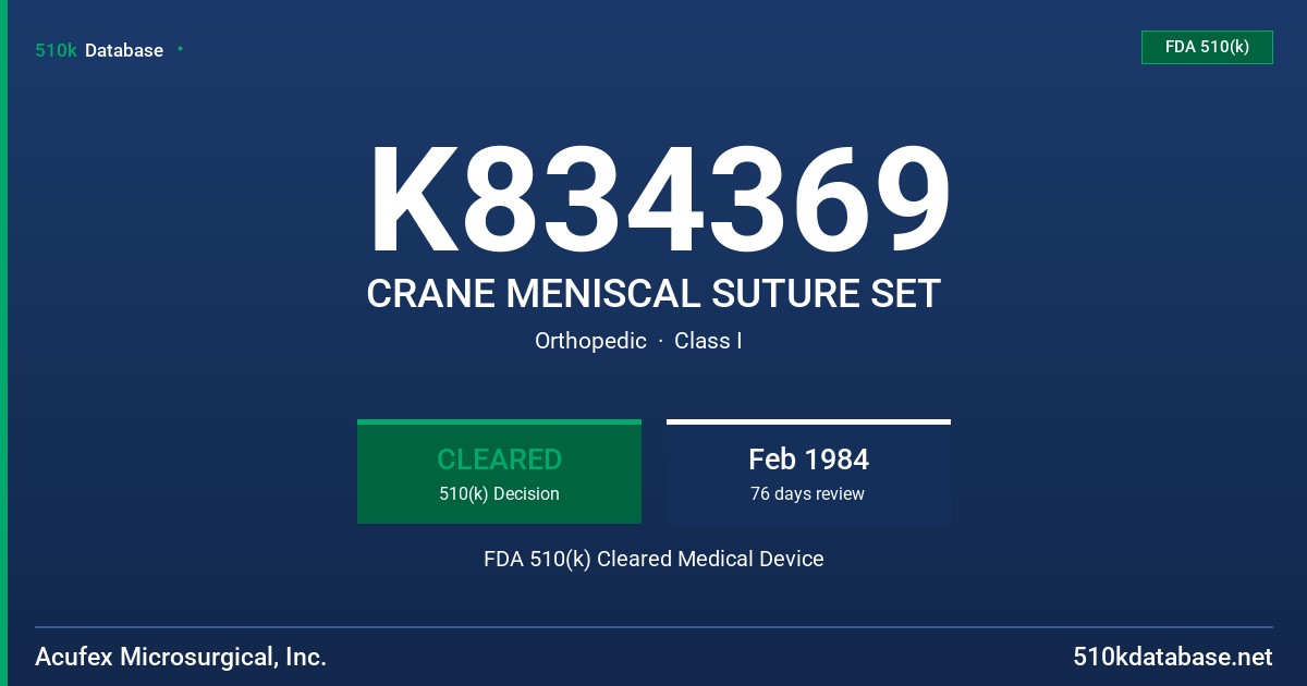 K834369 CRANE MENISCAL SUTURE SET FDA 510(k) Cleared Medical Device