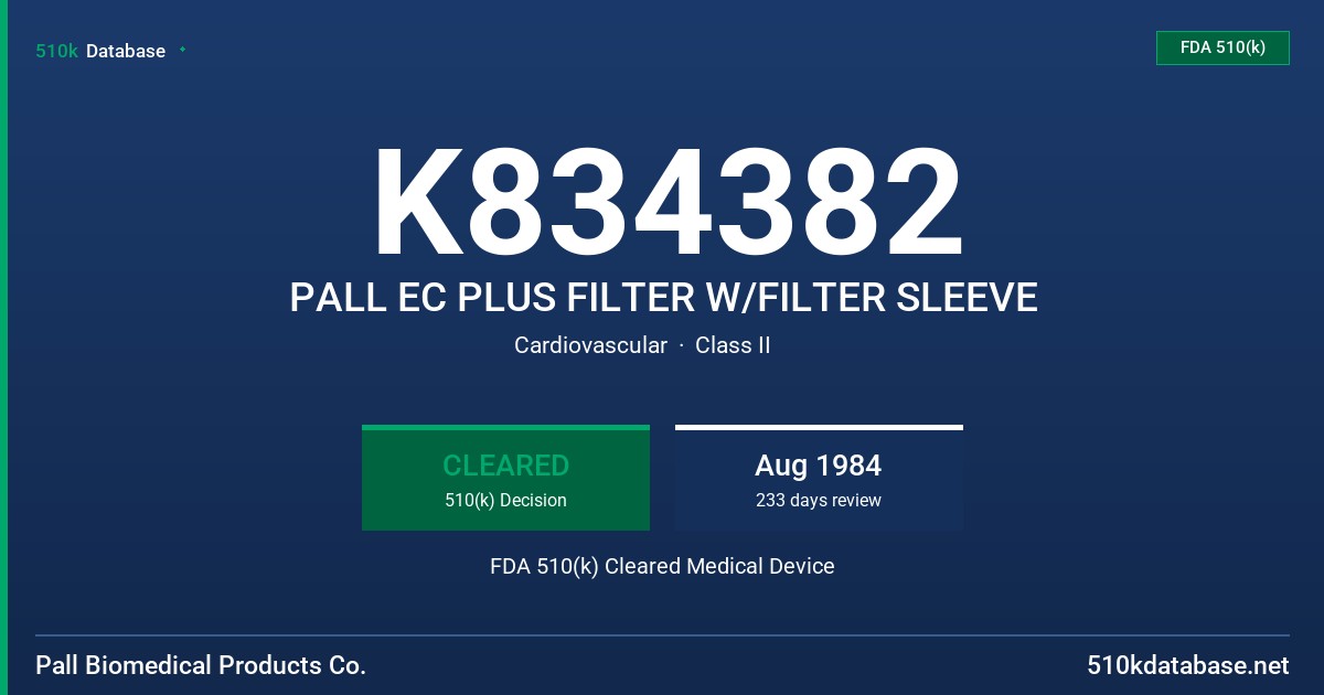 K834382 PALL EC PLUS FILTER W/FILTER SLEEVE FDA 510(k) Cleared Medical Device
