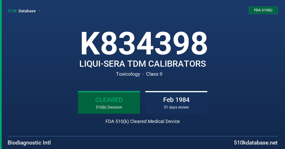 K834398 LIQUI-SERA TDM CALIBRATORS FDA 510(k) Cleared Medical Device