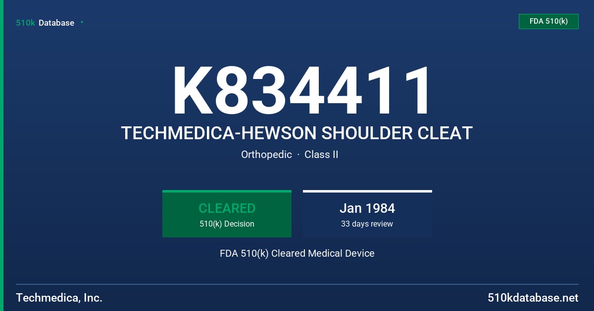 K834411 TECHMEDICA-HEWSON SHOULDER CLEAT FDA 510(k) Cleared Medical Device