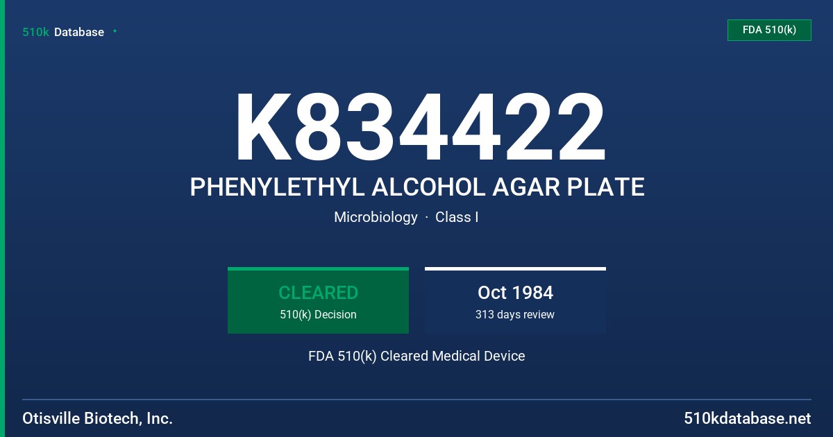 K834422 PHENYLETHYL ALCOHOL AGAR PLATE FDA 510(k) Cleared Medical Device