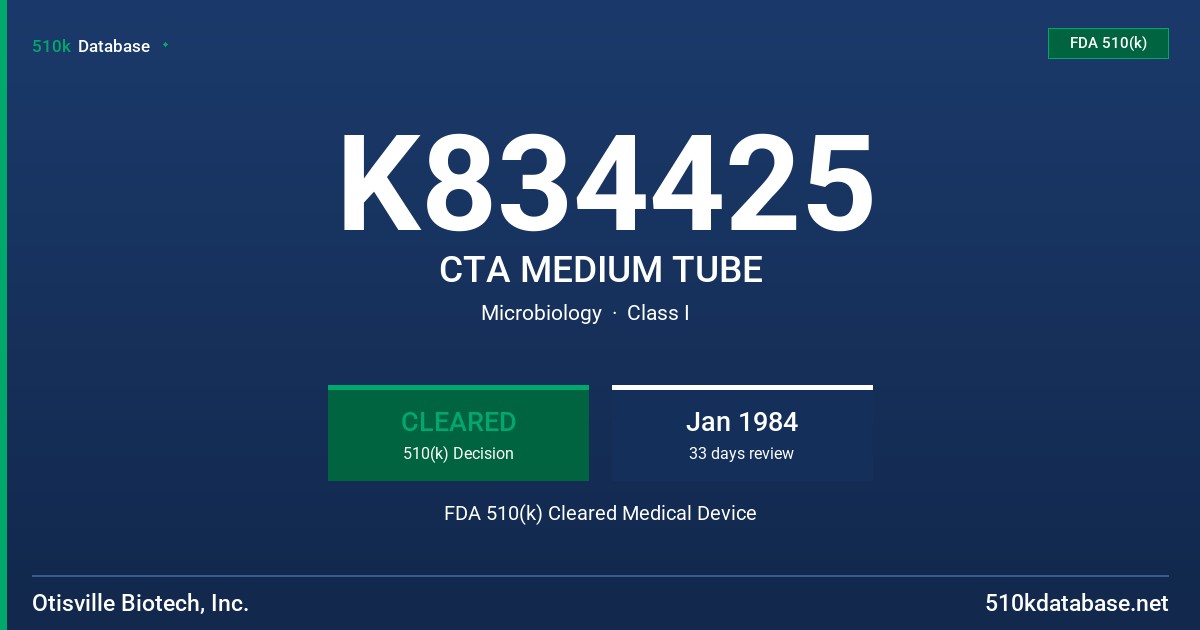 K834425 CTA MEDIUM TUBE FDA 510(k) Cleared Medical Device