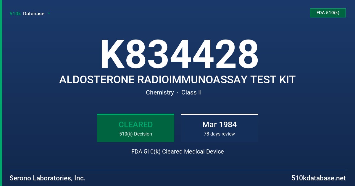 K834428 ALDOSTERONE RADIOIMMUNOASSAY TEST KIT FDA 510(k) Cleared Medical Device