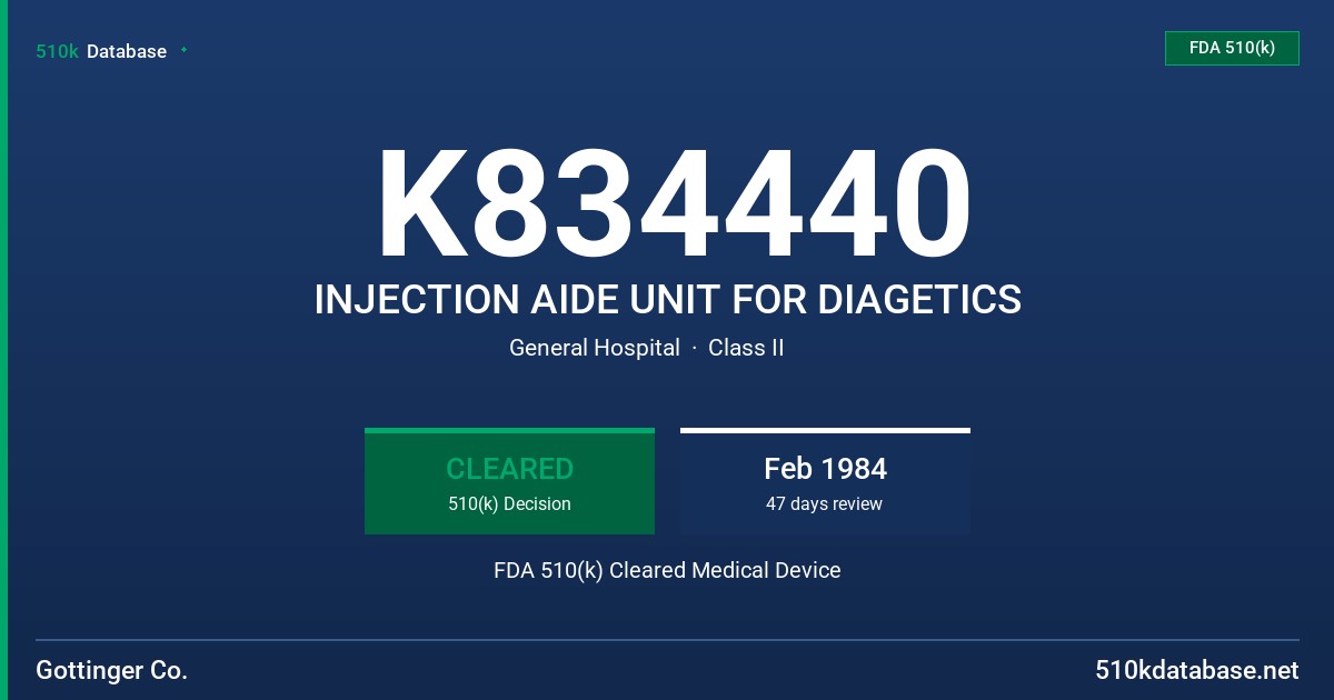 K834440 INJECTION AIDE UNIT FOR DIAGETICS FDA 510(k) Cleared Medical Device