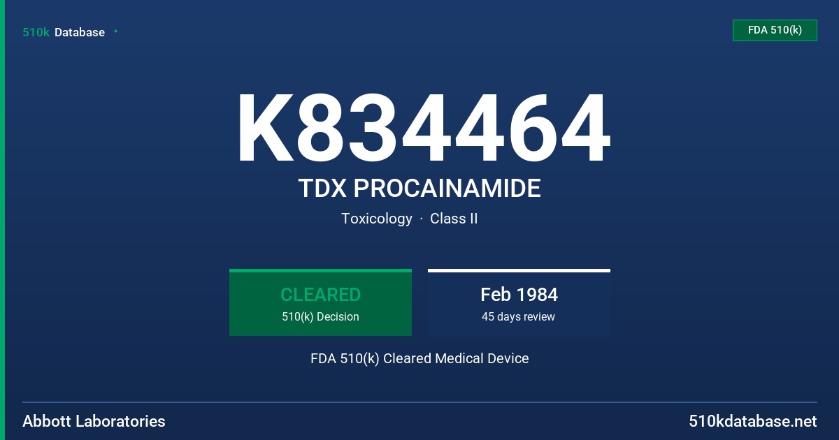 K834464 TDX PROCAINAMIDE FDA 510(k) Cleared Medical Device
