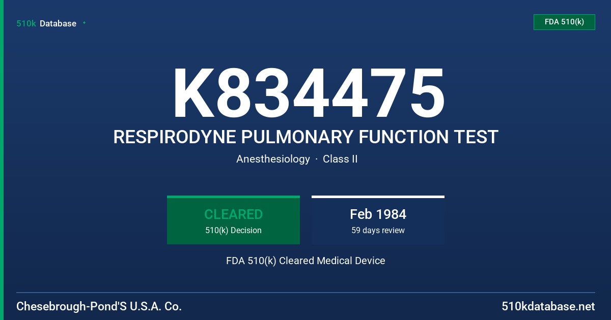 K834475 RESPIRODYNE PULMONARY FUNCTION TEST FDA 510(k) Cleared Medical Device