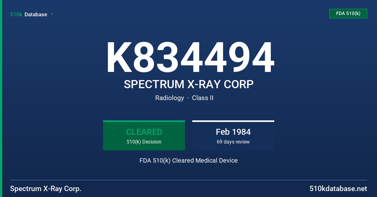 K834494 SPECTRUM X-RAY CORP FDA 510(k) Cleared Medical Device
