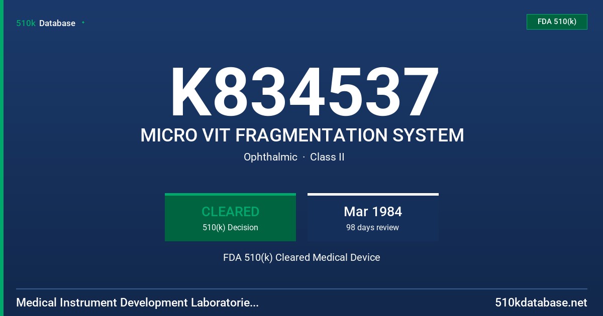 K834537 MICRO VIT FRAGMENTATION SYSTEM FDA 510(k) Cleared Medical Device
