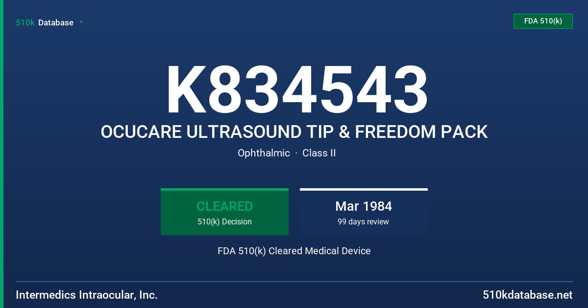 K834543 OCUCARE ULTRASOUND TIP & FREEDOM PACK FDA 510(k) Cleared Medical Device