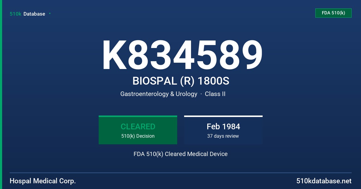 K834589 BIOSPAL (R) 1800S FDA 510(k) Cleared Medical Device