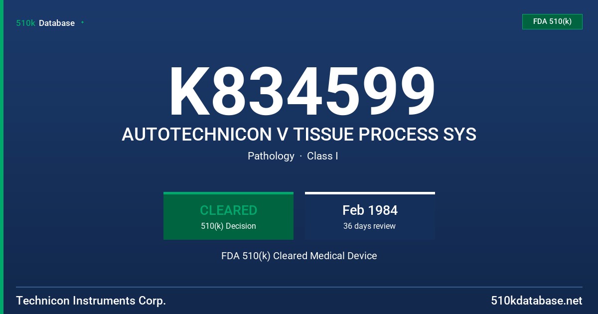 K834599 AUTOTECHNICON V TISSUE PROCESS SYS FDA 510(k) Cleared Medical Device