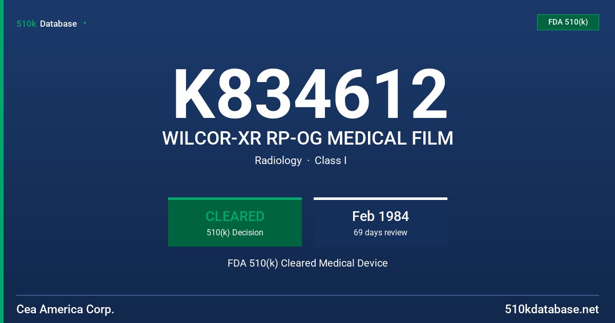 K834612 WILCOR-XR RP-OG MEDICAL FILM FDA 510(k) Cleared Medical Device