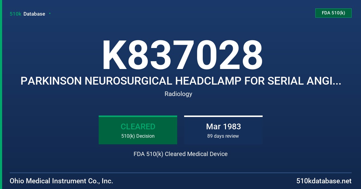 K837028 PARKINSON NEUROSURGICAL HEADCLAMP FOR SERIAL ANGIOGRAPHY FDA 510(k) Cleared Medical Device