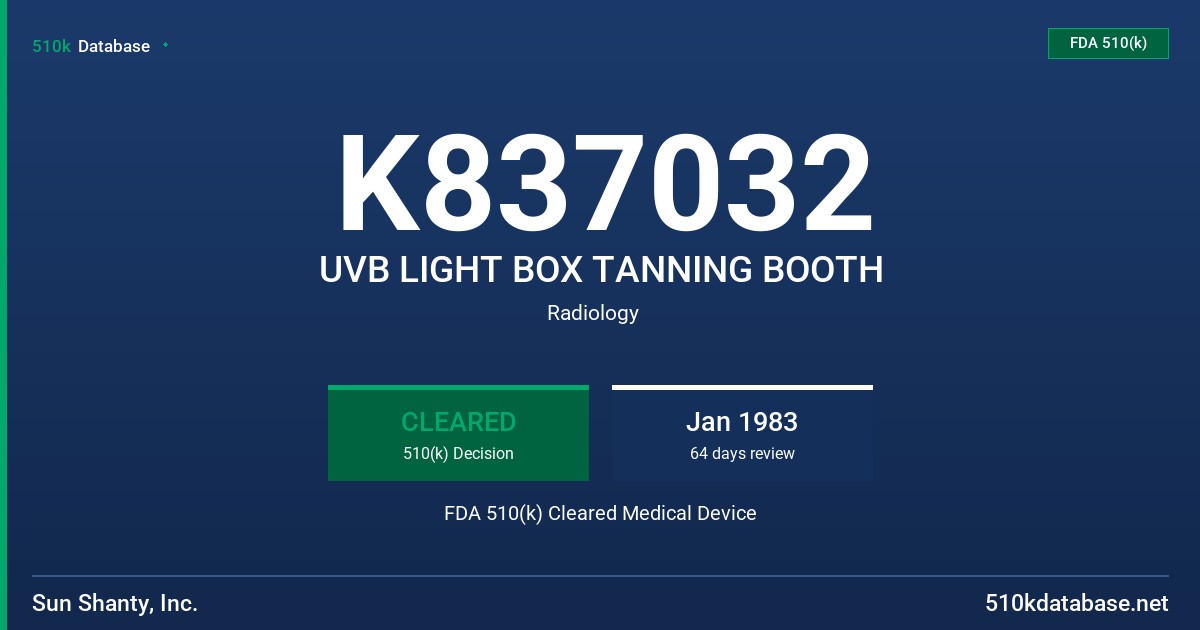 K837032 UVB LIGHT BOX TANNING BOOTH FDA 510(k) Cleared Medical Device