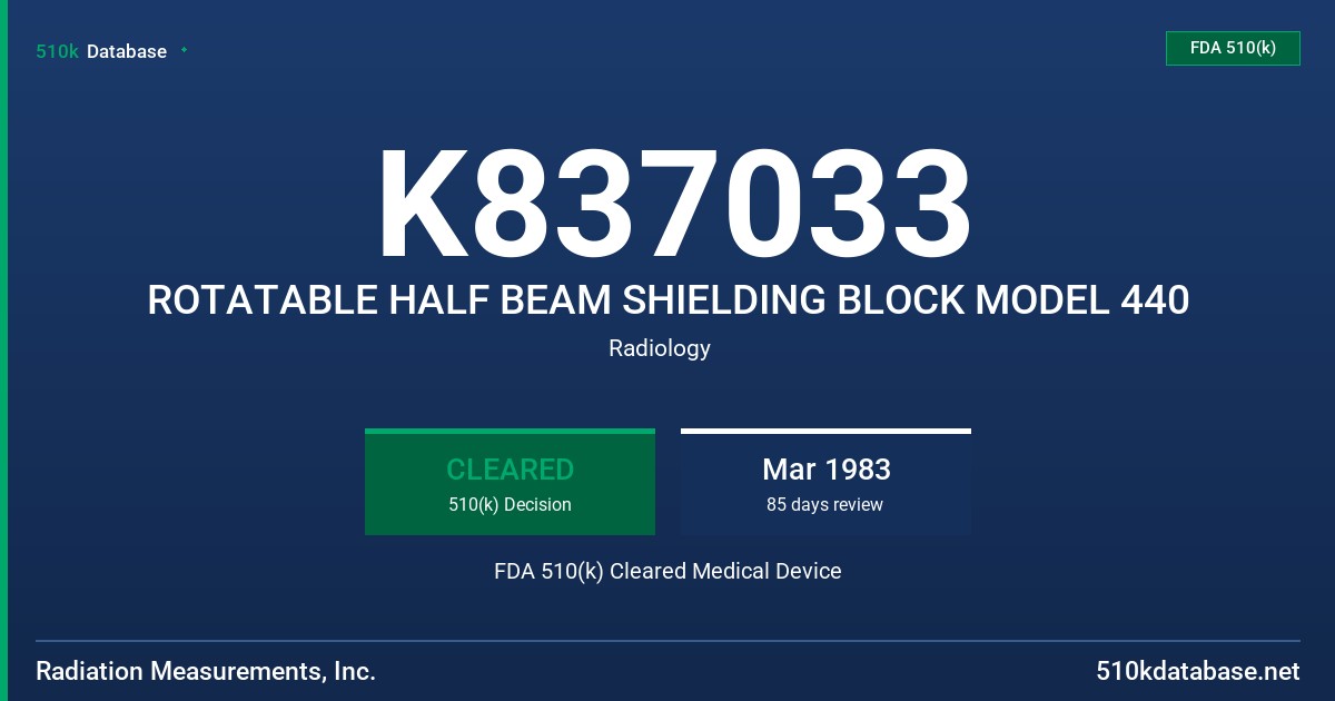 K837033 ROTATABLE HALF BEAM SHIELDING BLOCK MODEL 440 FDA 510(k) Cleared Medical Device