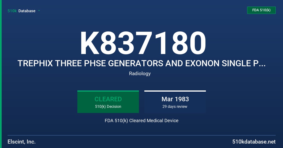 K837180 TREPHIX THREE PHSE GENERATORS AND EXONON SINGLE PHASE GENERATORS FDA 510(k) Cleared Medical Device