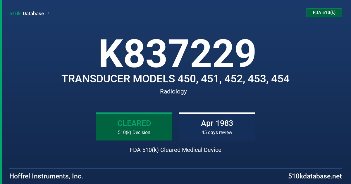 K837229 TRANSDUCER MODELS 450, 451, 452, 453, 454 FDA 510(k) Cleared Medical Device