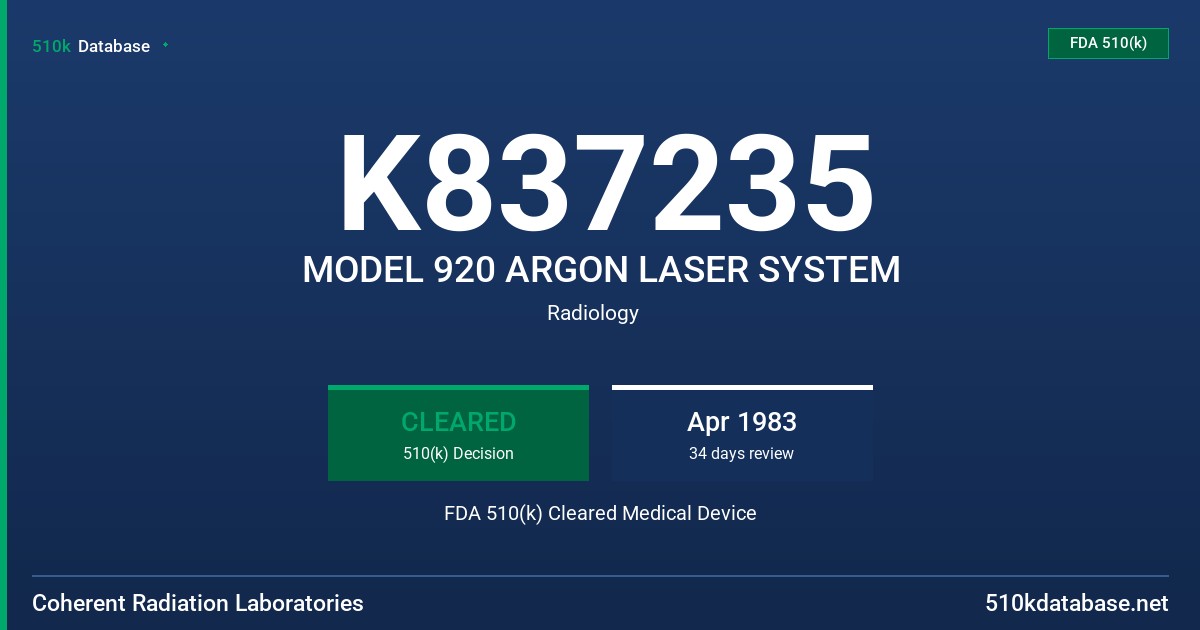 K837235 MODEL 920 ARGON LASER SYSTEM FDA 510(k) Cleared Medical Device